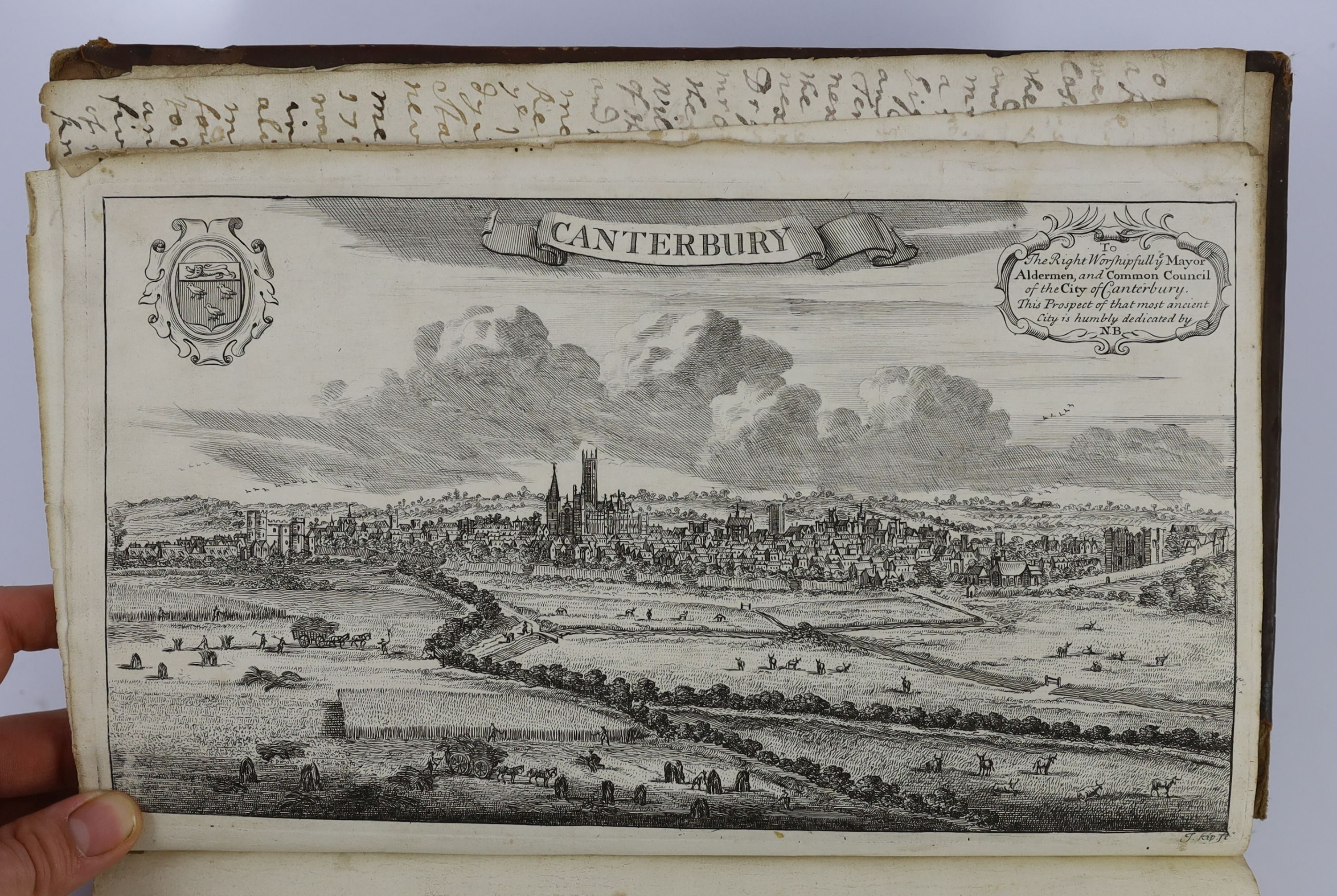 Somner, William, - The Antiquities of Canterbury in Two Parts, 2nd edition, revised and enlarged by Nicolas Battely (bound as one) folio, calf, with 18 engraved plates, consisting of a frontis panorama of Canterbury, a f